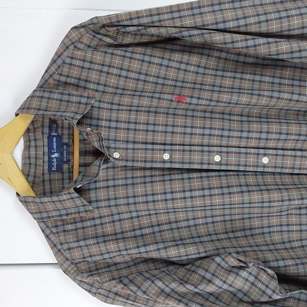 Ralph Lauren |Mens Gray Red Longsleeve Plaid Button Down Red Pony Preppy Sz.XL